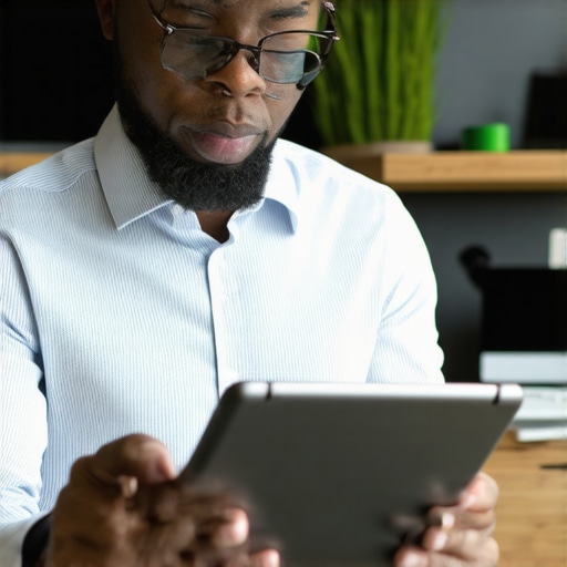 Advanced Local SEO Strategies Visualization Business owner reviewing local SEO analytics on a tablet in a modern office