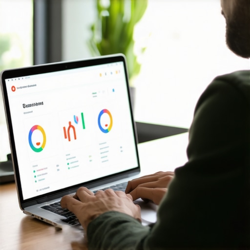 Analyzing GMB Metrics for Local SEO Success Business owner reviewing local SEO data on laptop with Google My Business dashboard