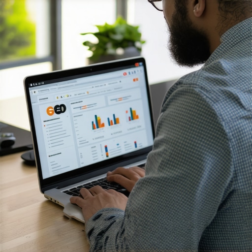 Local Business Owner Optimizing SEO Business owner analyzing local SEO metrics on a laptop in a cozy workspace.