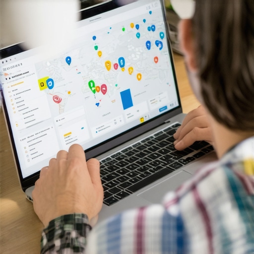 Business owner reviewing SEO analytics with local maps and data charts.