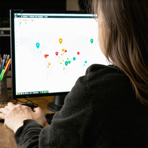 Local SEO Analytics and Community Engagement Business owner reviewing local SEO performance metrics with community map background