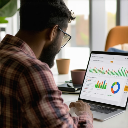 Business Owner Analyzing GMB Data Business owner analyzing Google My Business analytics on a laptop in an office environment