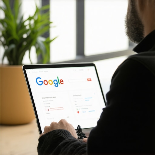 Optimizing GMB Features for 2024 Business owner updating Google My Business profile on laptop in a modern office