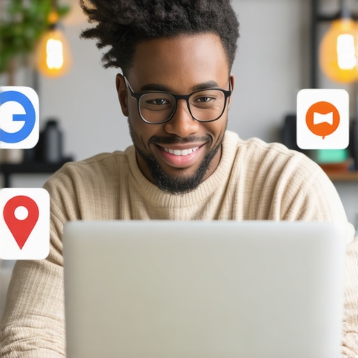 Business owner working on GMB profile optimization on laptop in a local business setting.