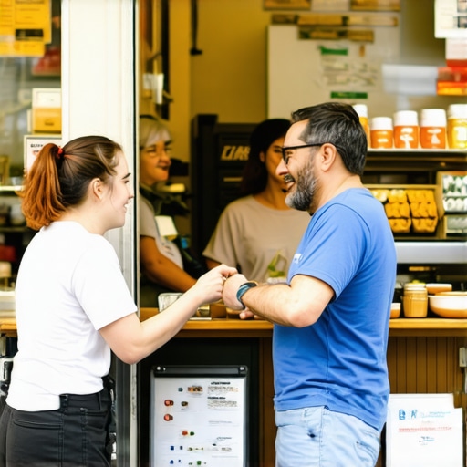 Business owner interacting with customers outside their shop