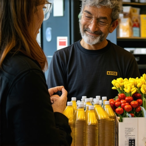 Business owner engaging with customers in a local shop setting.