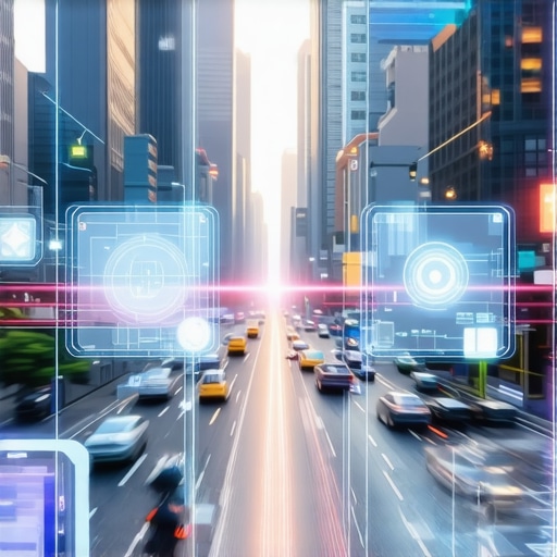 Futuristic cityscape showing augmented reality and AI interfaces for local search