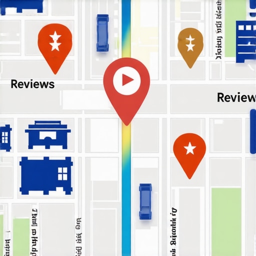 Futuristic city map with augmented reality overlays showing local business info and reviews