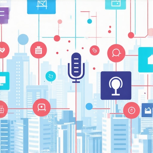 A modern cityscape with digital overlays representing AI and voice search technology