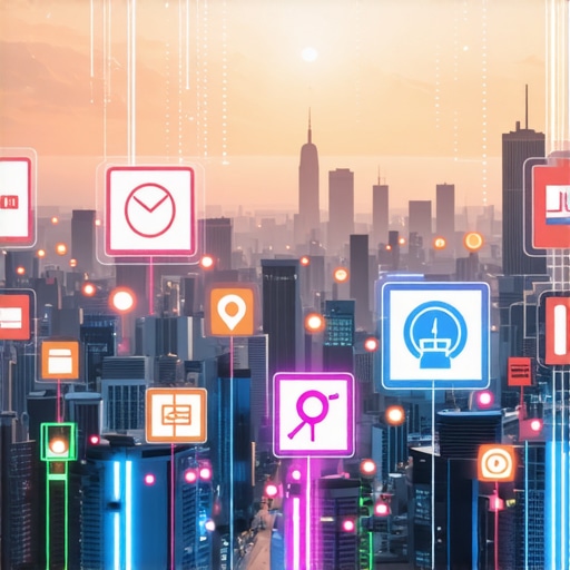 Futuristic cityscape with digital search icons and local business signs
