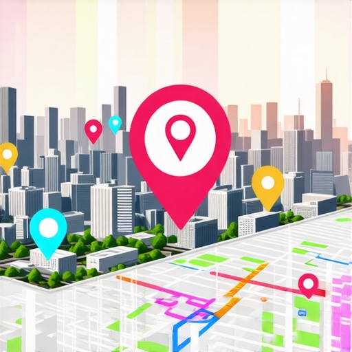 Futuristic city with digital maps and local search icons.