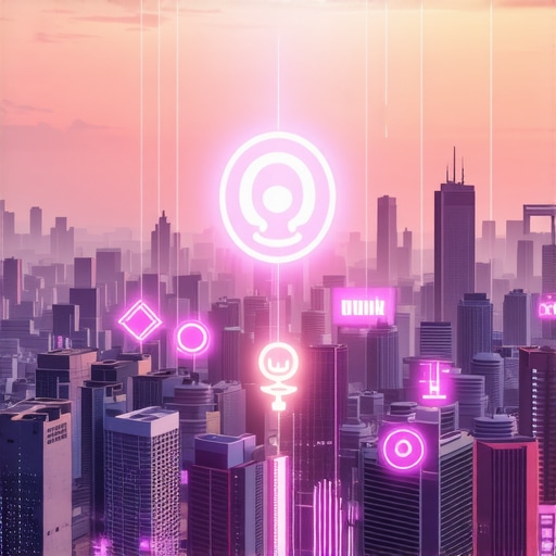 Digital cityscape with search icons and voice assistants indicating future trends in local SEO