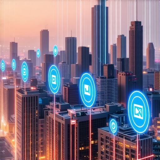Futuristic city with digital search icons and AI elements indicating future local search trends