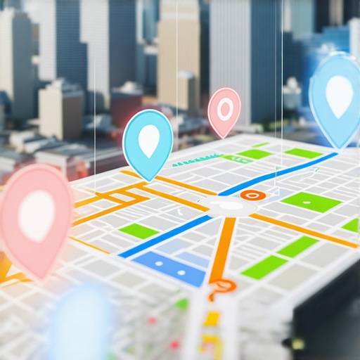 Futuristic city with digital maps and AI symbols indicating advanced local SEO technology
