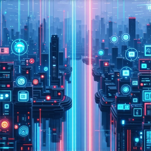 A futuristic city with digital search icons and AI elements representing the future of local SEO