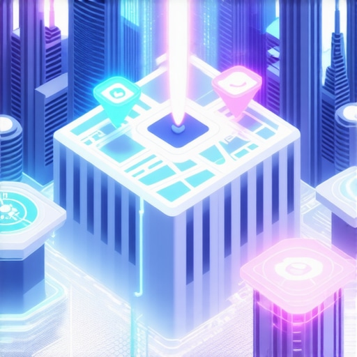 Illustration of a city with digital overlays and AI symbols representing future local SEO trends