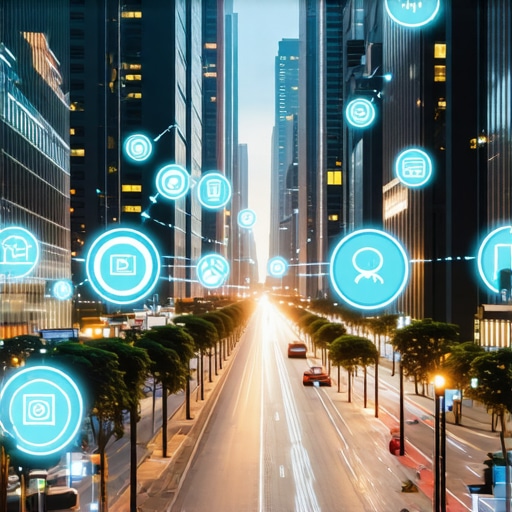 A futuristic cityscape illustrating advanced local search technology and digital business icons