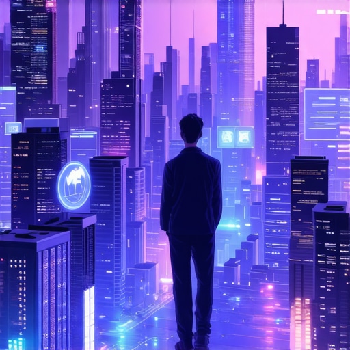 Futuristic cityscape with AI and digital interfaces representing local search evolution