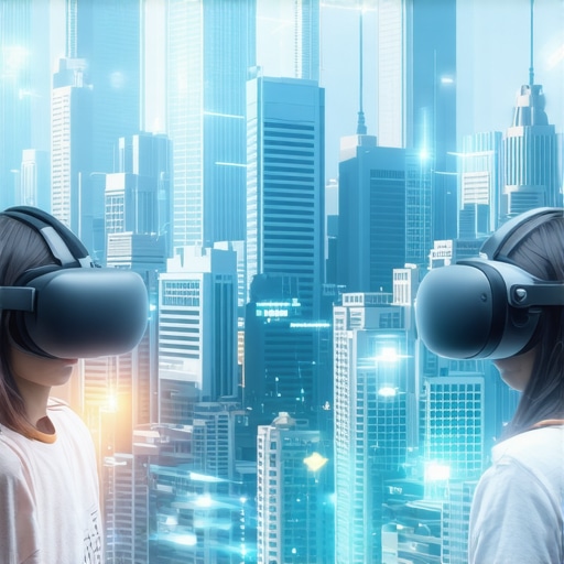 Cityscape with AR and VR devices showcasing local businesses and digital innovation