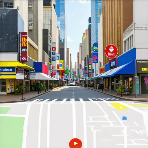 City street with small businesses and digital map overlay