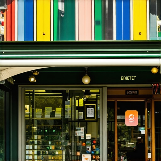 A vibrant marketplace scene with a focus on a small coffee shop and digital search icons.