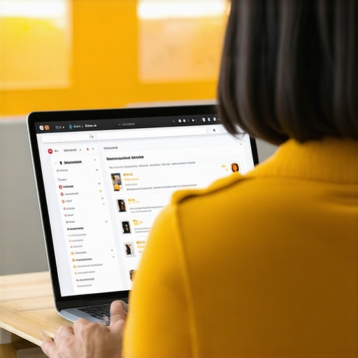 Person reviewing online customer feedback on laptop in a busy office