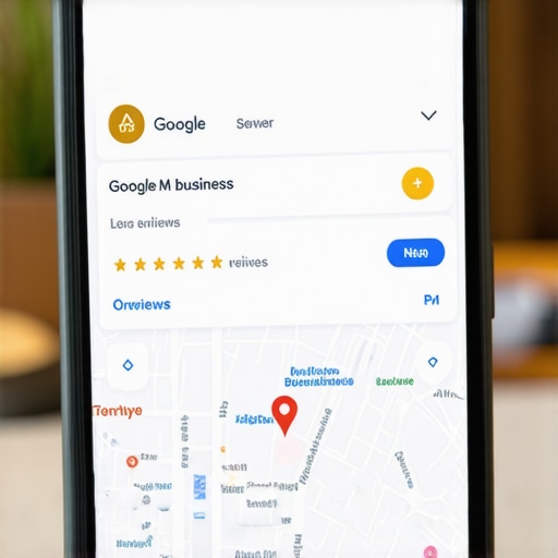 Smartphone screen showing a Google My Business profile with reviews and map