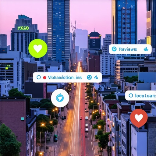 A city skyline with digital interface elements representing local search and Google My Business activity in 2024.