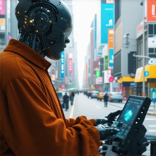 Small business owner engaging with AI assistant in a modern urban environment, emphasizing innovation and future readiness.