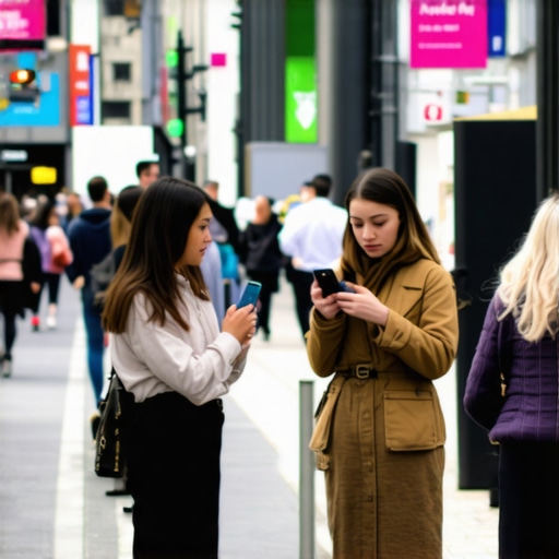 People on city street using smartphones for local search
